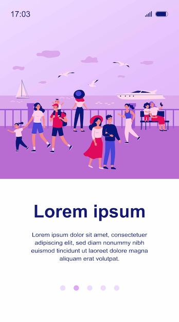 Ilustração isolada de pessoas felizes caminhando ao longo do mar