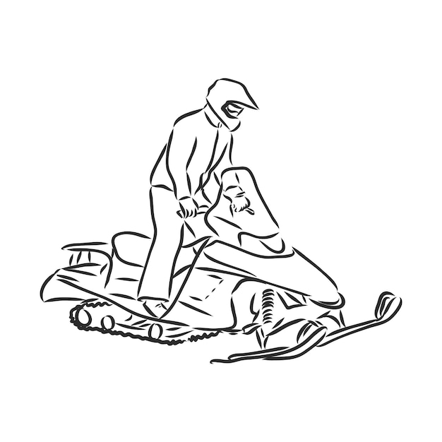 Ilustração isolada de um piloto em uma scooter de neve esboço de vetor de snowmobile em fundo branco