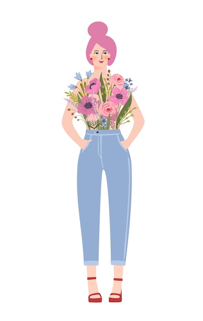 Ilustração isolada de uma mulher com flores Conceito para o Dia Internacional da Mulher e outros