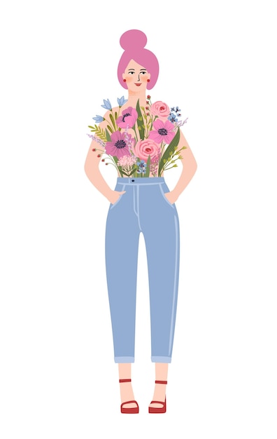 Ilustração isolada de uma mulher com flores conceito para o dia internacional da mulher e outros