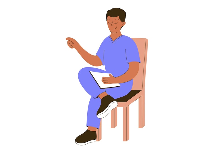 Vetor ilustração isolada de vetor plano de um enfermeiro masculino ou profissional de saúde sentado em uma cadeira apontando e segurando um clipboard designs médicos de saúde e educacionais
