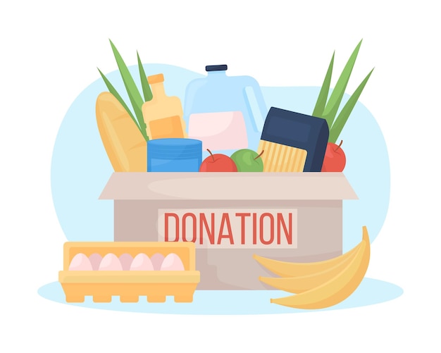 Ilustração isolada em vetor 2D caixa de doação de alimentos. Produtos de mercearia para doar a organizações sem fins lucrativos. Composição plana de ajuda humanitária no fundo dos desenhos animados. Cena colorida de contribuição de caridade