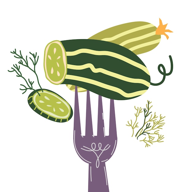 Ilustração isolada por vetor de um pepino em garfo para rótulos de alimentos e picles