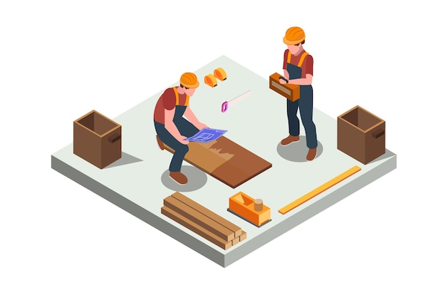 Ilustração isométrica carpinteiro ver planos de construção
