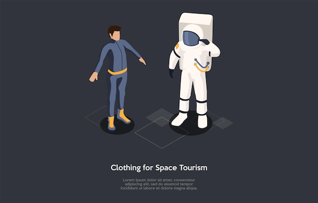 Ilustração isométrica. composição do estilo dos desenhos animados do vetor, design 3d. personagens, escrita e elementos no fundo escuro. vestuário de turismo espacial, pessoas em trajes protetores de viagens cósmicas, infográfico.