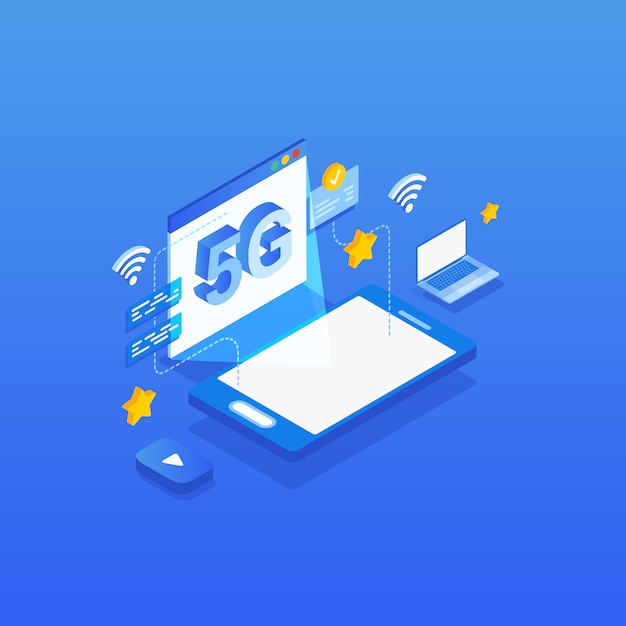 Ilustração isométrica da tecnologia sem fio da rede 5G.