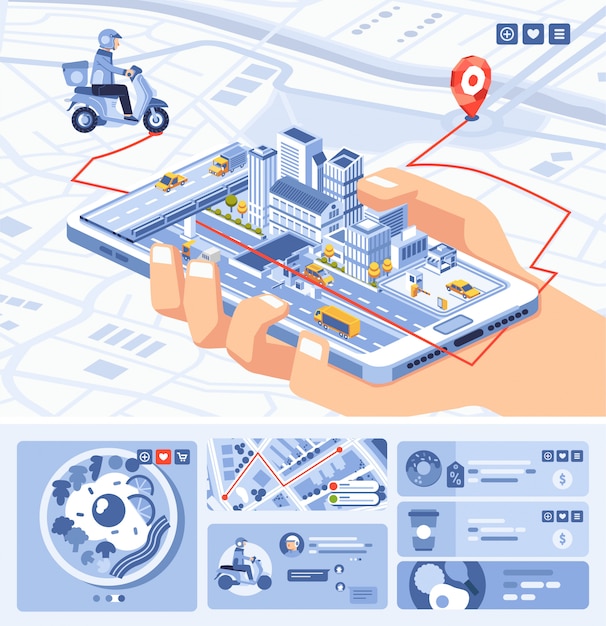 Ilustração isométrica de aplicativo móvel de aplicativo de alimentos em smartphone com rota no mapa