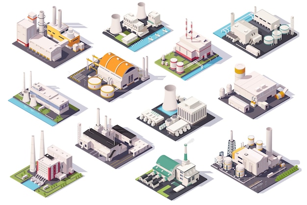 Ilustração isométrica de fábricas e plantas industriais