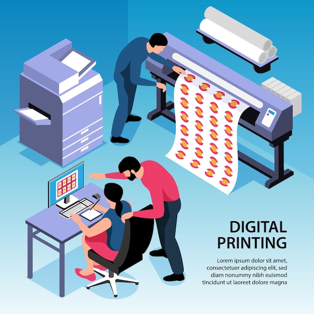 Vetor ilustração isométrica de impressão digital com equipe de escritório trabalhando em equipamento de cópia e polígrafo