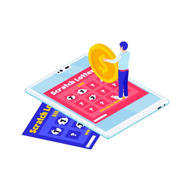 Ilustração isométrica de loteria online com gadget de raspadinhas e personagem segurando uma moeda de ouro 3d