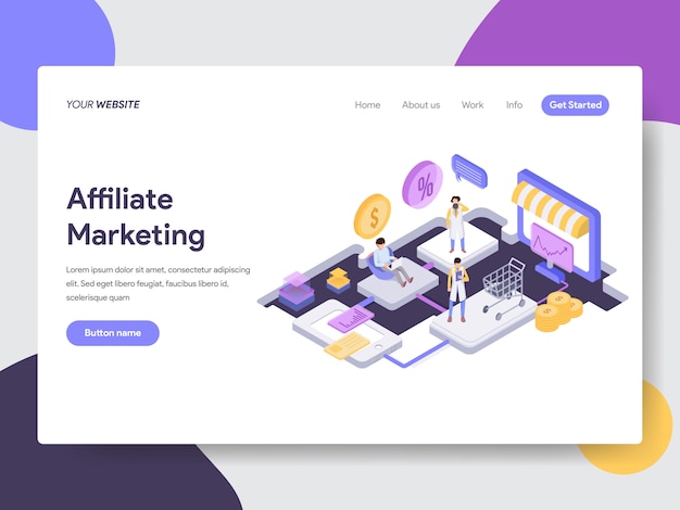Ilustração isométrica de marketing de afiliados para páginas da Web