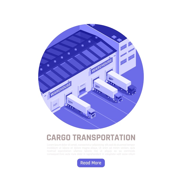 Ilustração isométrica de transporte de carga com caminhões saindo do depósito para entrega de mercadorias