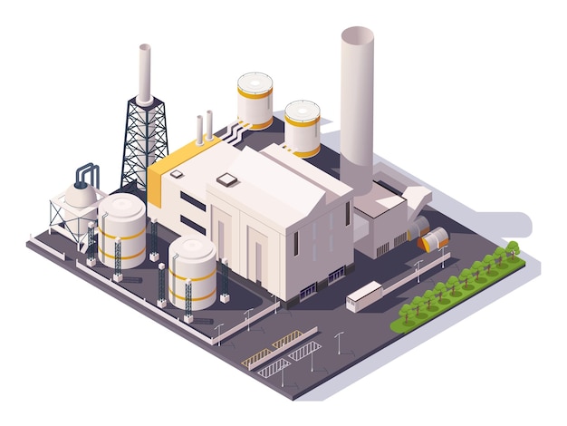 Ilustração isométrica de uma ilustração vetorial complexa de fábrica industrial