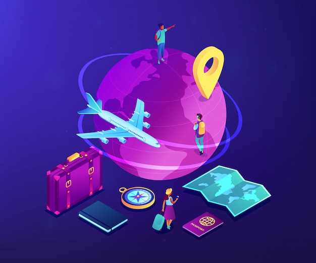 Vetor ilustração isométrica de viagem global do conceito 3d.