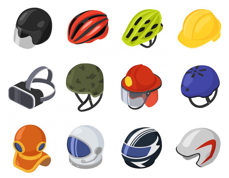 Ilustração isométrica do capacete, capacete de segurança 3d dos desenhos animados, proteção da cabeça, conjunto de ícones de capacete VR isolado no branco