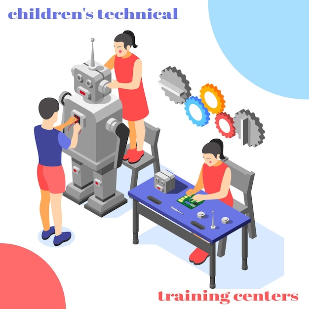 Vetor ilustração isométrica do centro de treinamento técnico infantil