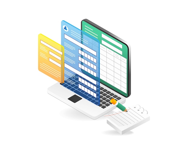 Ilustração isométrica do conceito 3d do aplicativo de tabela de registro de computador