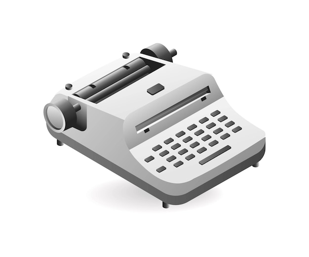 Ilustração isométrica do conceito de máquina de escrever vintage de tecnologia