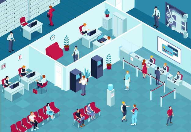 Ilustração isométrica do interior do banco com guardas consultando os funcionários