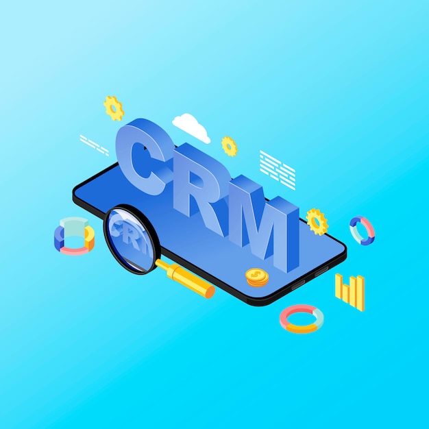 Ilustração isométrica do smartphone sistema de crm app. aplicativo móvel de gerenciamento de relacionamento com cliente, software. métricas de vendas, análise de dados do cliente no conceito de telefone 3d isolado em fundo azul