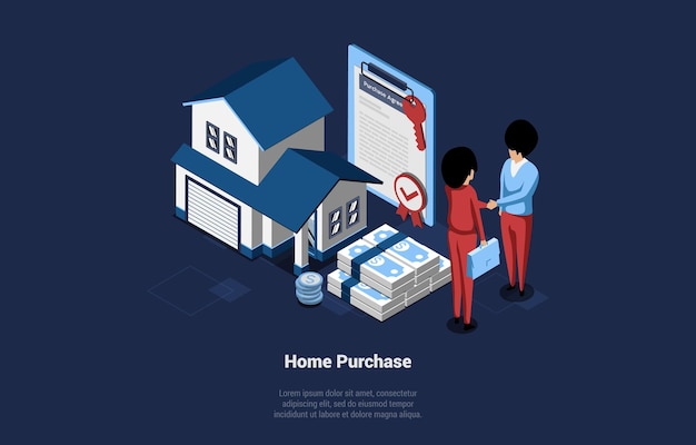 Ilustração isométrica do vetor de compra de casa. Composição Do Estilo Dos Desenhos Animados 3D Do Conceito De Compra E Venda De Casa. Duas pessoas apertando as mãos perto de um pequeno edifício, pilha de notas e contrato imobiliário assinado.