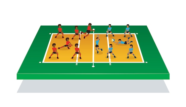 Ilustração isométrica para pessoas atacam bola de vôlei no campo de vôlei 3d