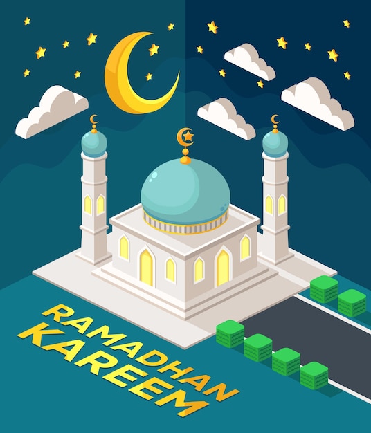 Vetor ilustração isométrica ramadan kareem popup design
