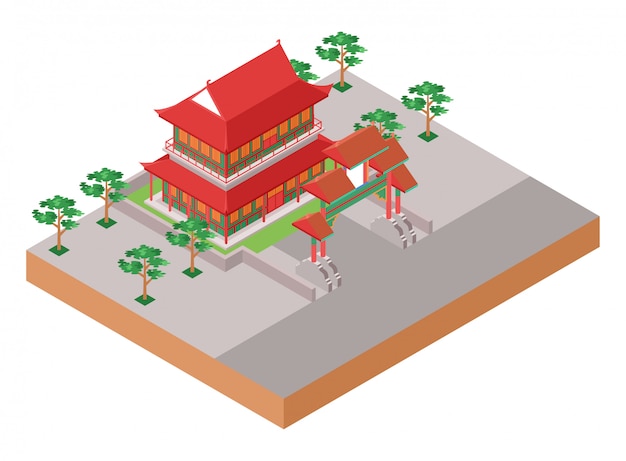 Ilustração isométrica representando o antigo templo chinês tradicional vermelho com portão e parque ao seu lado