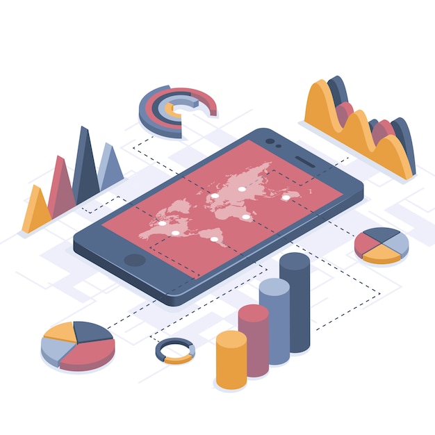 Ilustração isométrica. smartphone com infográficos de negócios.