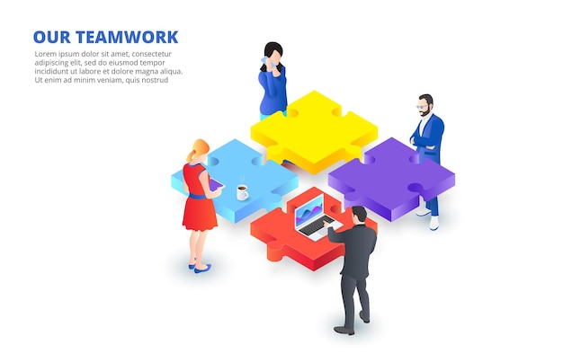 Ilustração isométrica vetorial com pessoas segurando uma peça de quebra-cabeça Bandeira de conceito de trabalho em equipe