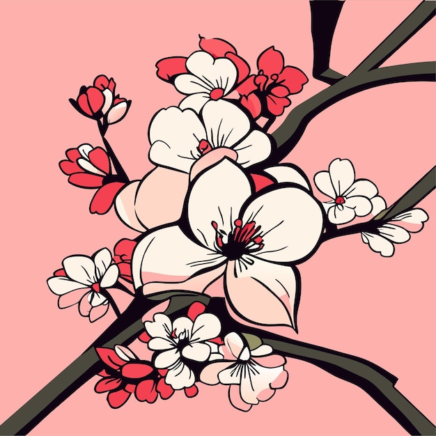 Vetor ilustração japonesa desenhada à mão de flores de cerejeira