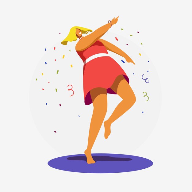 ilustração. Jovem mulher dançando. Festa.