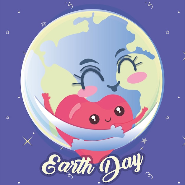 Ilustração kawaii do dia da terra desenhos animados felizes do planeta terra com um coração vetorial