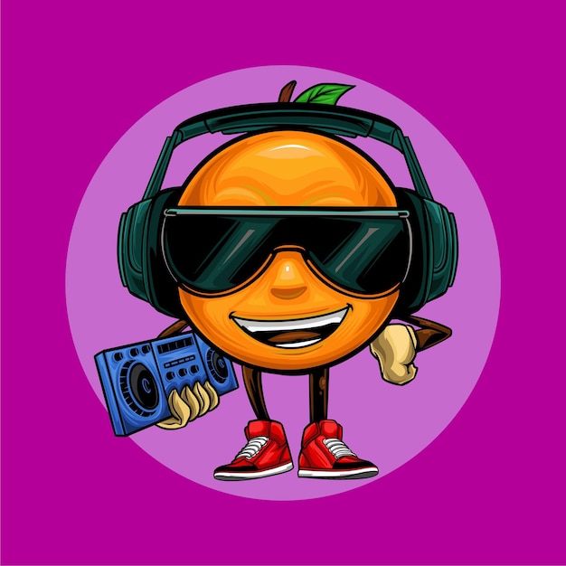 Ilustração laranja do dj de hip hop usando fones de ouvido e óculos