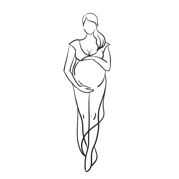 Ilustração linear conceitual de uma mulher grávida em um vestido, saúde, gravidez.