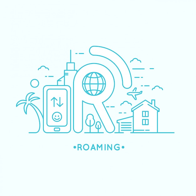 Ilustração linear de roaming internacional no telefone celular.