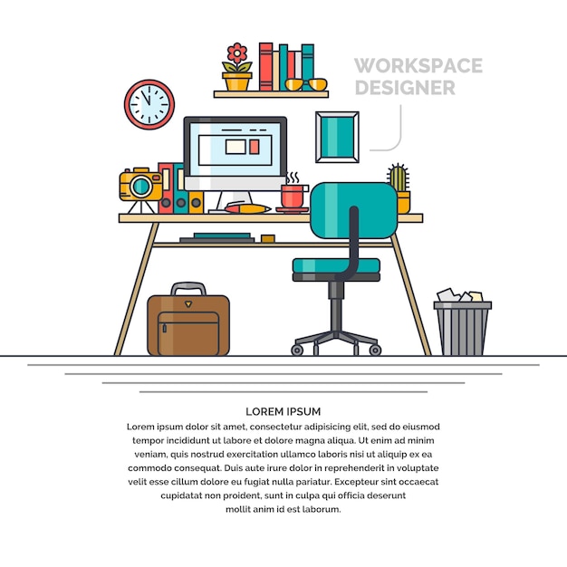 Ilustração linear do espaço de trabalho do designer. local de trabalho e assuntos do escritório de negócios.