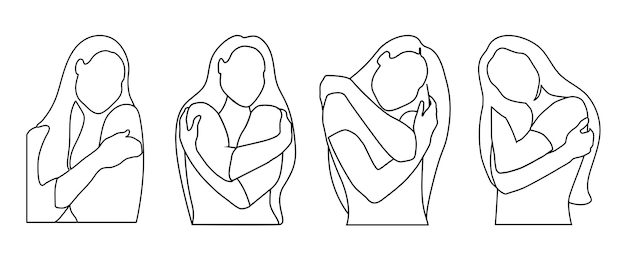 Ilustração linear vetorial de mulheres a mulher abraça a si mesma abraços minimalistic womanline art logo