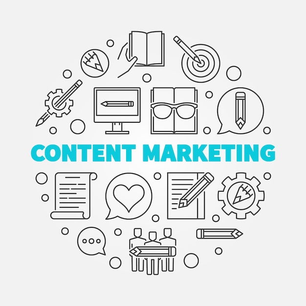 Ilustração linear vetorial redonda de marketing de conteúdo