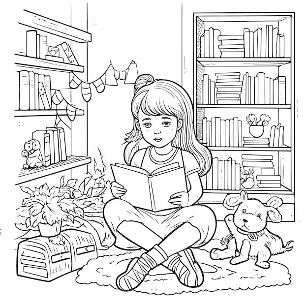 ilustração livro para colorir página mulheres leem livro