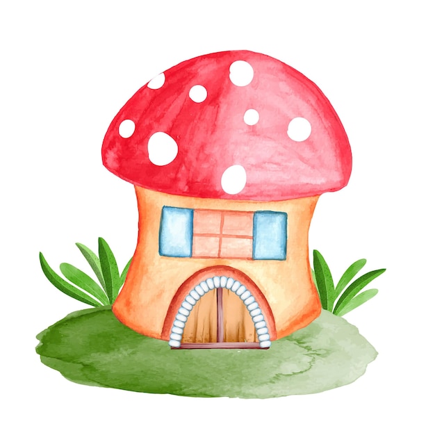 Ilustração mágica da casa do gnomo da aquarela, casa do jardim da fada da fantasia com porta de madeira e verde