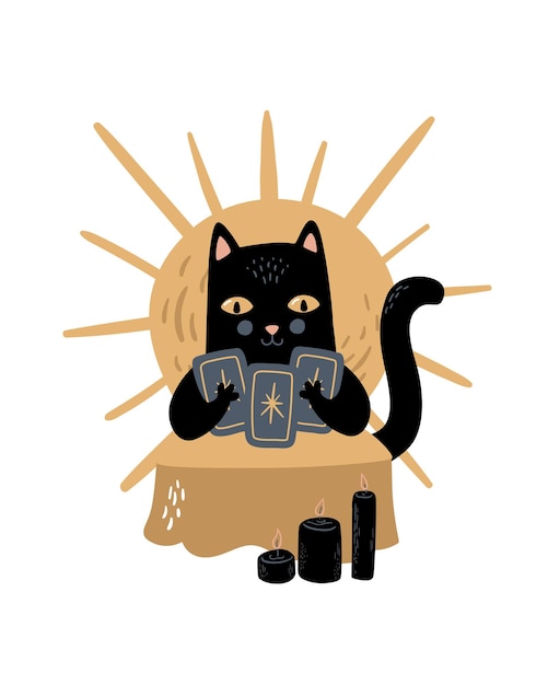 Ilustração mágica do vetor gato preto lendo cartas de tarô