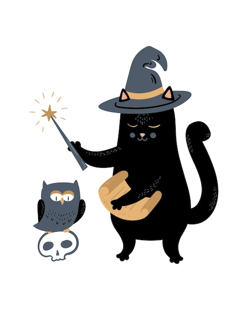 Ilustração mágica gato preto conjura e lança um feitiço elementos de feitiçaria coruja crânio e pergaminho