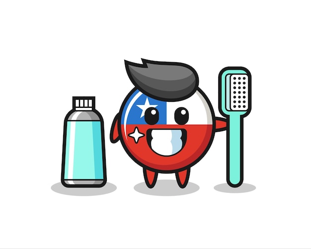 Ilustração mascote do emblema da bandeira chile com uma escova de dentes, design de estilo bonito para camiseta, adesivo, elemento de logotipo