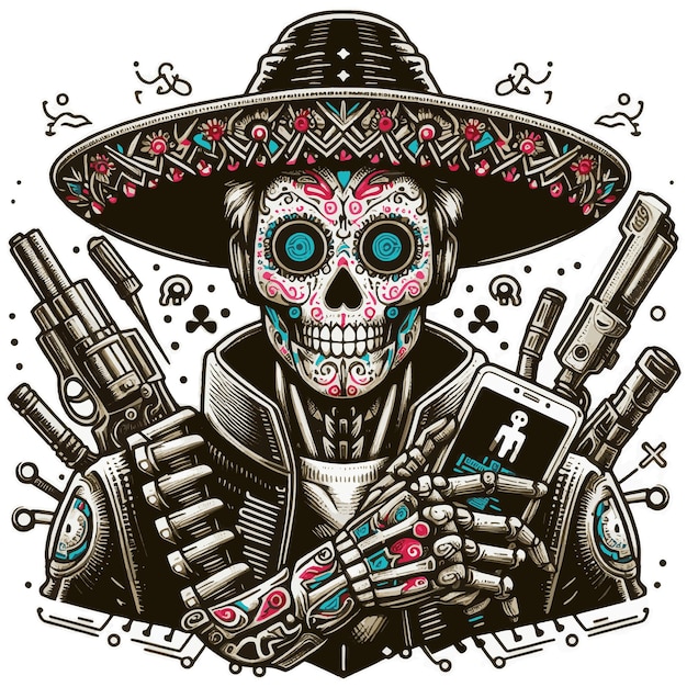 Ilustração mecânica Dia de los Muertos Personagem robótico desenhado à mão