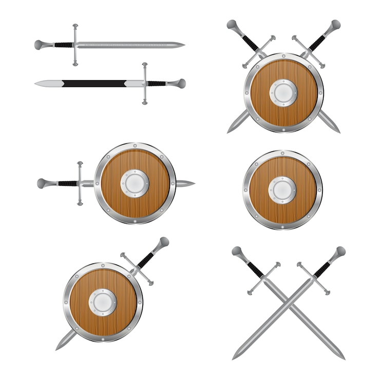Vetor ilustração medieval de espada e escudo isolada no branco