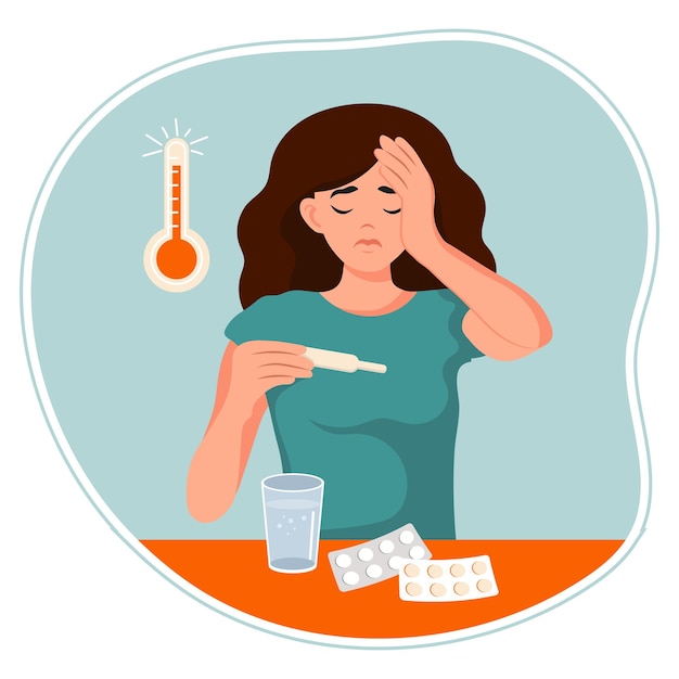 Ilustração menina doente triste com um termômetro e pílulas Conceito de medicina Clip-art de pôster