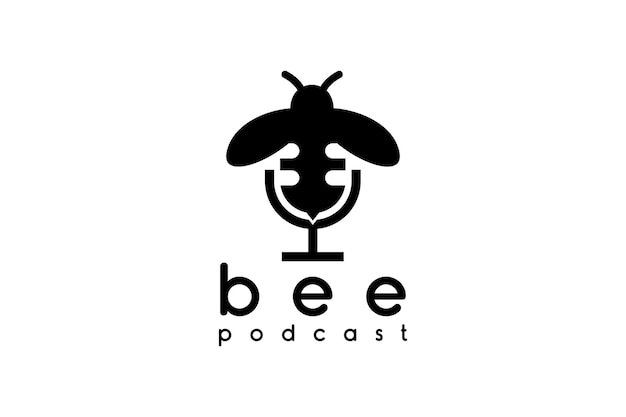 Ilustração microfone silhueta com bee bumblebee insect bug para design de logotipo de podcast