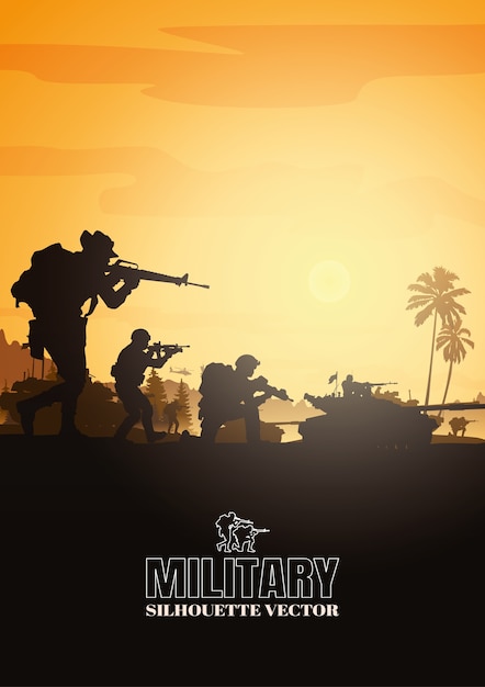 Vetor ilustração militar, fundo do exército, silhuetas de soldados.