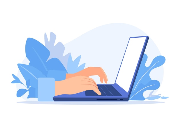 Ilustração minimalista de mãos digitando em laptop Ilustração vetorial plana de moda